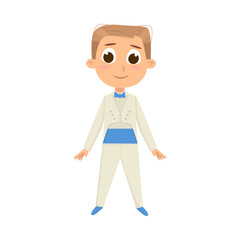 Little Gentleman in Elegant White Tuxedo, Cute Boy in Nice Holiday Clothes Cartoon Style Vector Illustration