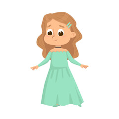 Beautiful Little Girl in Elegant Green Dress, Cute Kid Wearing Retro Nice Clothes Cartoon Style Vector Illustration