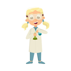 Cute Intelligent Girl in Lab Coat Doing Chemical Experiment, Education and Knowledge Concept Cartoon Style Vector Illustration