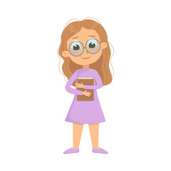 Cute Intelligent Girl in Glasses Standing with Book, Education and Knowledge Concept Cartoon Style Vector Illustration