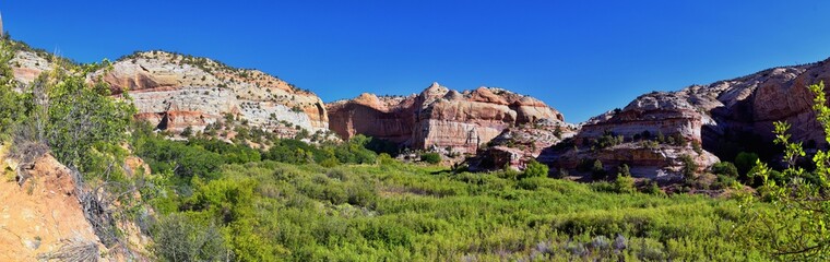 Lower Calf Creek Falls views from the hiking trail Grand Staircase-Escalante National Monument between Boulder and Escalante off Highway 12 in Southern Utah. United States.