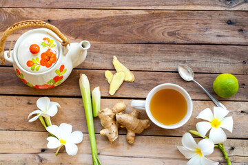 hot ginger water herbal healthy drinks health care for cough sore with ginger slice, lemongrass,...
