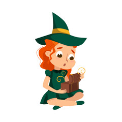 Little Witch, Cute Redhead Girl Wearing Green Dress and Hat Practicing Witchcraft Cartoon Style Vector Illustration