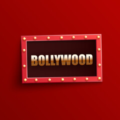 Bollywood indian cinema signboard with shining light bulbs in realistic style - red glowing frame with golden sign in isolated vector illustration. Illuminated announcement banner of film festival.