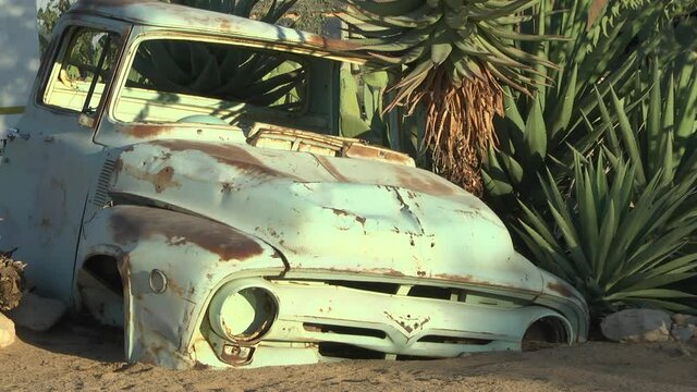 Vintage Old Rusty Car In The Desert Next To Plants. Locked Off