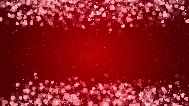 Abstract Bright red background with sparkling heart shapes on the screen borders Looped Animation. For photos, logos, text Graphic elements. Anniversary, event, Christmas, Festival, Diwali Love.