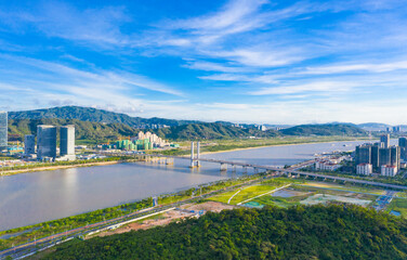 Fototapeta premium Aerial scenery of Hengqin bridge in Zhuhai City, Guangdong Province, China