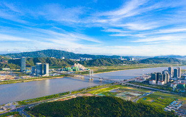 Aerial scenery of Hengqin bridge in Zhuhai City, Guangdong Province, China