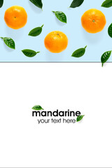 Creative layout of tangerines, mandarines. Unpeeled and peeled ripe tangerines, mandarines, clementines with leaves isolated on white background.