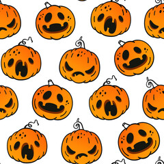 Vector seamless pattern with emotional pumpkins. Background for Halloween. Packaging and fabric design. - 382292699