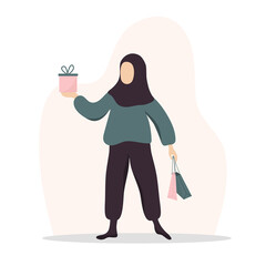 Woman shopping. Happy arab girl carrying bags and gifts. Vector cartoon illustration isolated on white background. Promotion and sale template.