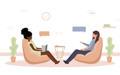 Psychotherapy practice and psychological help. African woman supports female with psychological problems. Therapy and counselling for people under stress and depression. Vector in flat style.