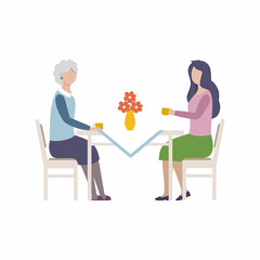 A young girl and her elderly mother, grandmother, are sitting at the kitchen dining table and drinking tea. The relationship between the relatives, the mother and the child. Vector flat  illustration.