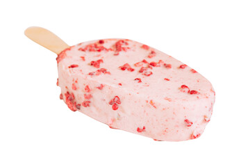 ice cream stick white chocolate and raspberries isolated on white background
