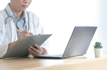 Doctor check up patient young asian man a cough and gets infected diagnosis and treatment with remotely online discuss staying from home