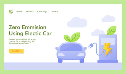 Zero emission using electric car leaf plug charge electricity campaign for web website home homepage template banner landing page with flat style