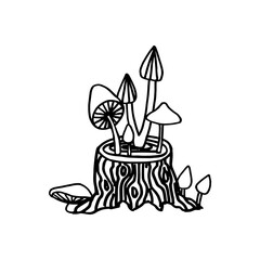 Stump and mushrooms vector concept. Illustration of a toadstool in the wood.