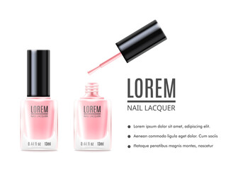 Banner for nail studio or store with nail lacquer realistic vector illustration.
