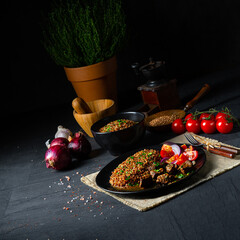 Buckwheat groats baked in the oven with beef goulash
