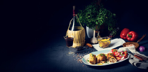 Vegetable roulade from roast  pork loins with salads