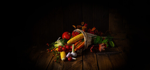 The beautiful autumnal cornucopia with vegetables