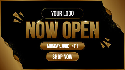 Now open shop or new store gold and black color luxury sign on black background.Template design crown and falling gold confetti and balloons for opening event.Can be used for poster ,flyer , banner.