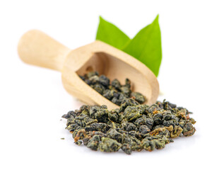 Dry oolong tea leaves isolated on white background