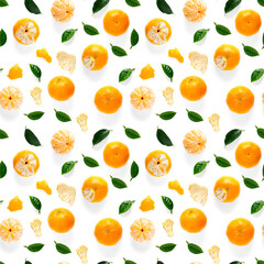 Mandarine seamless pattern, tangerine, clementine isolated on white background with green leaves. Collection of fine seamless patterns.