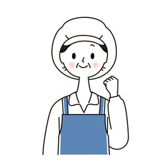 作業服 ガッツポーズをする調理補助のシニア女性