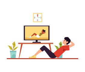 Flat isolated vector illustration of a young man doing a workout at home