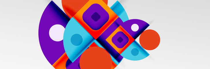 Bright color circles, abstract round shapes and triangles composition with shadow effects. Vector modern geometric design template