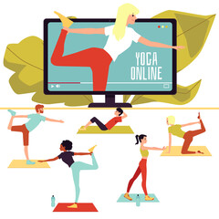 Online yoga class poster - cartoon people watching video tutorial