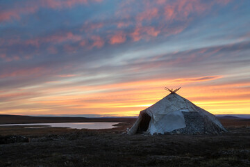 Yaranga in the tundra. A Yaranga is a tent-like mobile home of the Chukchi. The Chukchi are the indigenous people of the Chukotka Region of Russia. Traditional way of life of the peoples of the Arctic