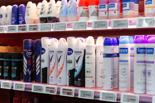 Barcelona, Spain - November 7, 2019: Large selection of skincare cosmetics in the supermarket