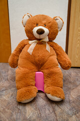 Brown big teddy bear sitting on a potty.