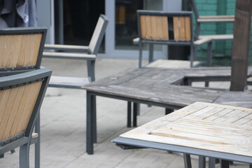 View of empty outdoor cafe, selective focus. Unprofitable business concept - obrazy, fototapety, plakaty