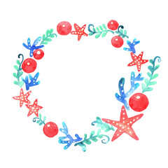 Red starfish, seaweed , coral and ball wreath watercolor hand painting for decoration on summer holiday events and summer Christmas festival.