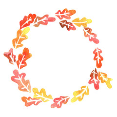 Abstract oak leaves in autumn season wreath watercolor hand painting for decoration on Thanksgiving festival.