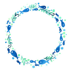 School of fish with seaweed wreath watercolor hand painting for decoration on summer holiday.