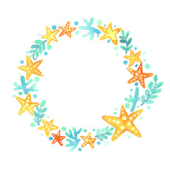 Orange and yellow starfish, seaweed , coral and bubble wreath watercolor hand painting for decoration on summer holiday events and summer Christmas festival.