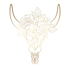 Stoff pro Meter Boho Stierkuhrinderschädel mit Hörnern. Rosenpfingstrose blüht Blumenstraußdekoration. Luxuriöses Design mit goldenen Farbverlaufslinien.