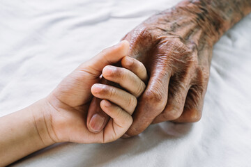 Hands of the old man and a child's hand on the white bed..