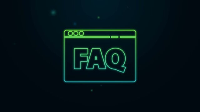 Glowing neon line Browser FAQ icon isolated on black background. Internet communication protocol. 4K Video motion graphic animation