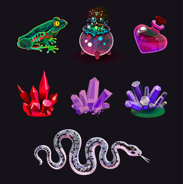 a set of isolated vector icons. fantasy. objects for mobile games or playing cards. witchcraft, magic, rituals, witchcraft. potion, frog, crystals, bottle, snake, love elixir. magic school set.