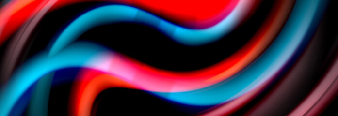 Dynamic motion abstract background. Color blurred stripes on black. Wave liquid lines poster. Vector illustration