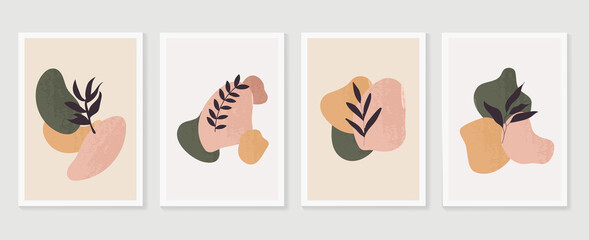 Botanical wall art vector set. Earth tone boho foliage line art drawing with  abstract shape.  Abstract Plant Art design for print, cover, wallpaper, Minimal and  natural wall art.