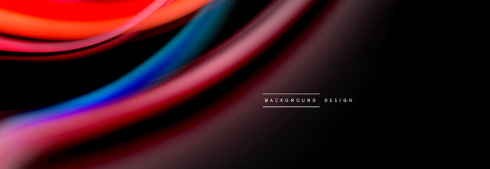 Dynamic motion abstract background. Color blurred stripes on black. Wave liquid lines poster. Vector illustration