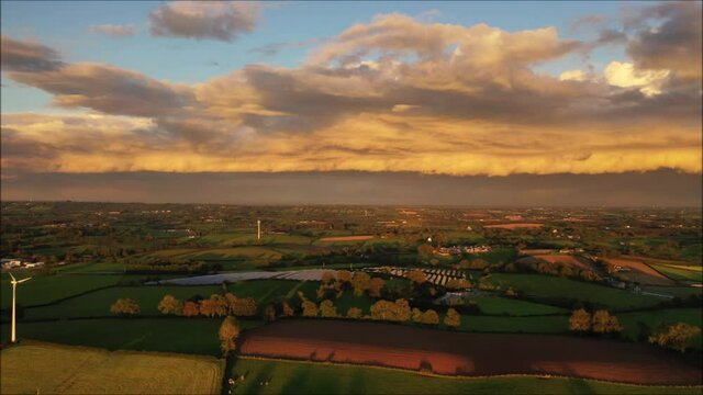 Drone footage of sunset shelf cloud or arcus cloud on a thunderstorm approaching Cookstown in Northern Ireland