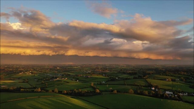 Drone footage of sunset shelf cloud or arcus cloud on a thunderstorm approaching Cookstown in Northern Ireland