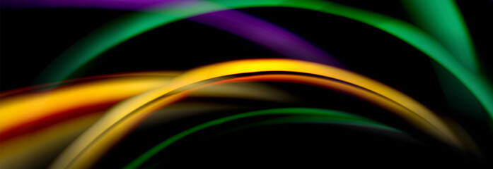 Dynamic motion abstract background. Color blurred stripes on black. Wave liquid lines poster. Vector illustration